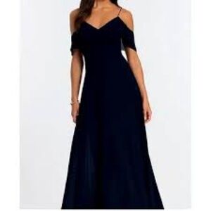 jenny yoo black Mila Cold Shoulder Chiffon Gown ruffle sleeve full length 0